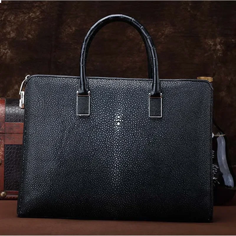 

ourui newPearl fish skin male briefcase black handbag men bag