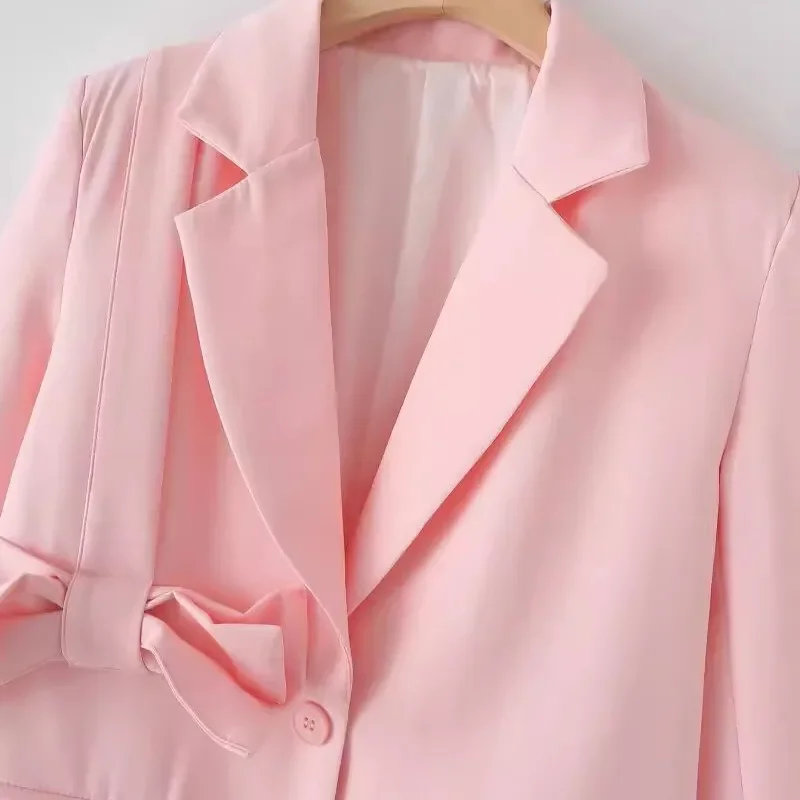 Koreaanse Vrouwen Casual Roze Jasje Boog Decoratie Notched Kraag Lange Mouw Single-breasted Lente Herfst Vrouwelijke Blazers Jas