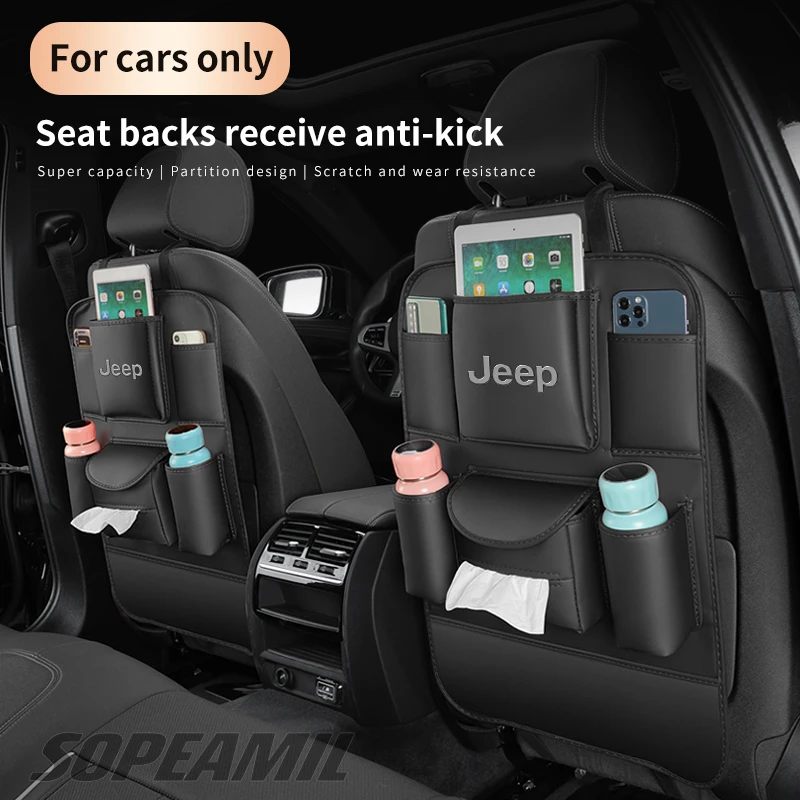Jeep Renegade Compass Gladiator Patriot Commander Wrangler JK JL Grand Cherokee Car Seat Back Storage Bag Backrest Anti-kick Pad