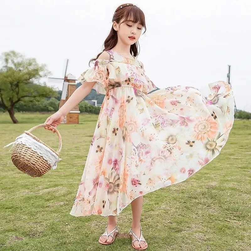 

New Girls Dress 2024 Summer Floral Pattern Beach Long Dress For Girl Bohemia Children Dresses Costume Teen 5 6 8 9 10 11 Years