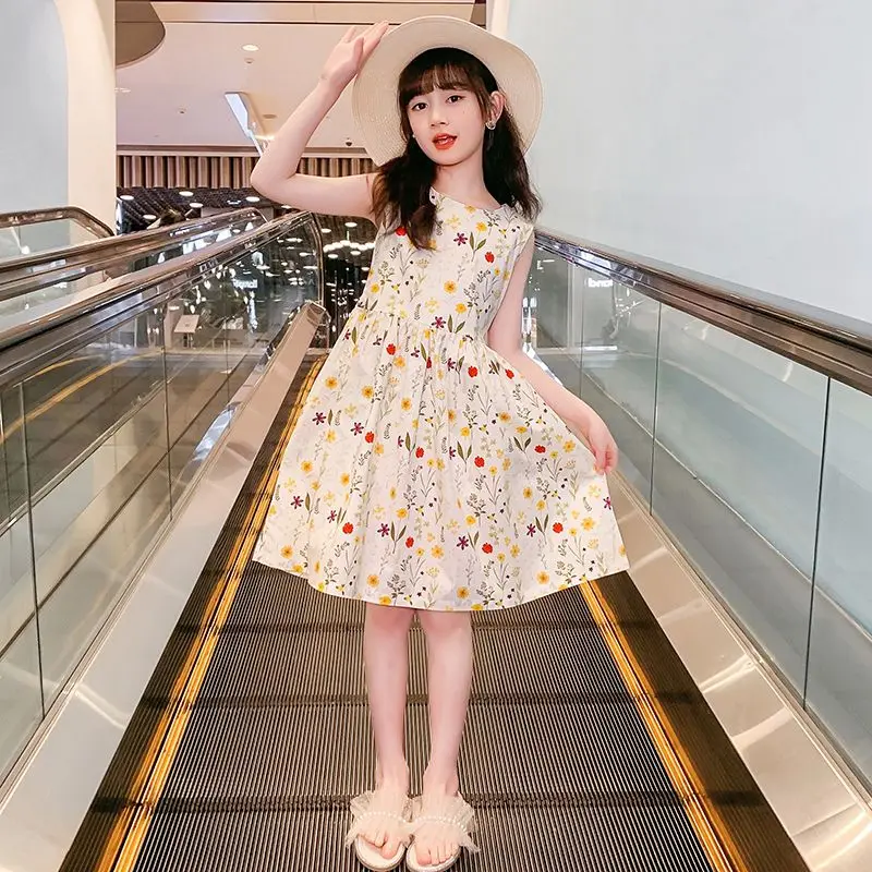 Korean Summer Junior Girl Dress Cotton Sleeveless Floral Dress Elastic Waist Elementary School Student Girl Vacation Dress Park