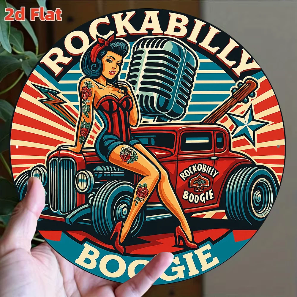 2D Flat, 1pc 8x8in/20x20cm 2D Flat Round Aluminum Sign, Vintage Rock Music Decorative Plaque, Rockabilly Boogie Pin-Up Girl with
