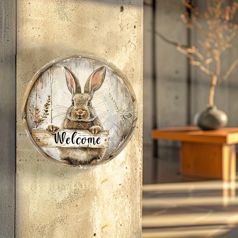 2D Vintage Metal Rabbit Welcome Sign Round Aluminum Wall Decor for Home Garden Cafe Farm Easter Ornament Hanging Door Plate Stor view 4