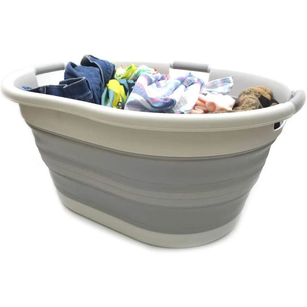 57L (15 Gal) Foldable 3-handle Plastic Laundry Basket - Oval Tub - Portable Laundry Tub, Water Capacity 44L / 11.6 Gal