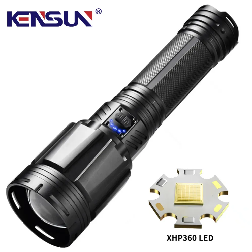 High Power Tactical XHP360 Flashlight Double Light Source Switch Lantern 7 Lighting Modes Rechargeable Lamp Torch With Indicator