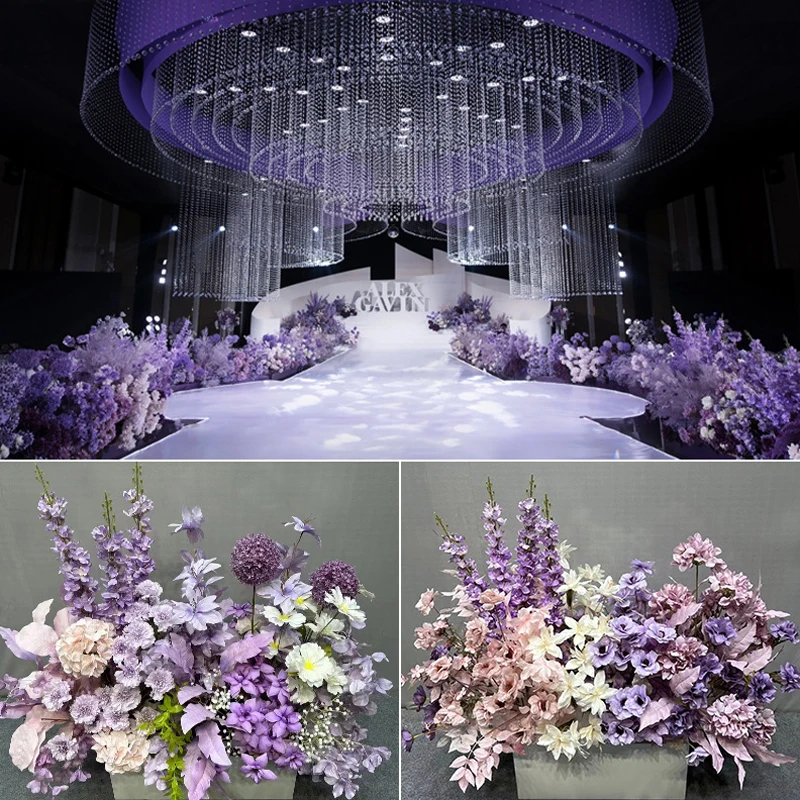 Purple Arch Hanging Flower Row Backdrop, Hyacinth Rose, Floral Arrangement,Hydrangea Calla Lily, Wedding, Party, Stage, Floor