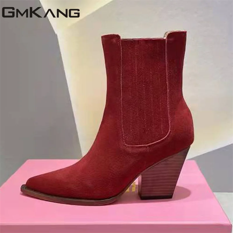 

Square Heels Ankle Boots Women High Quality Cow Suede Western Cowboy Boots Female Pointed Toe Slip-on Runway Short Boots Woman