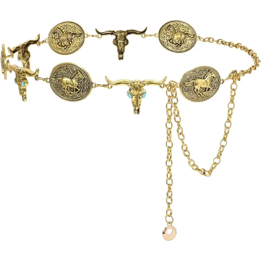 حزام كونشو معدني غربي للنساء، أحزمة سلسلة كلاسيكية لراعية البقر بوهو الفيروزية لفساتين الجينز