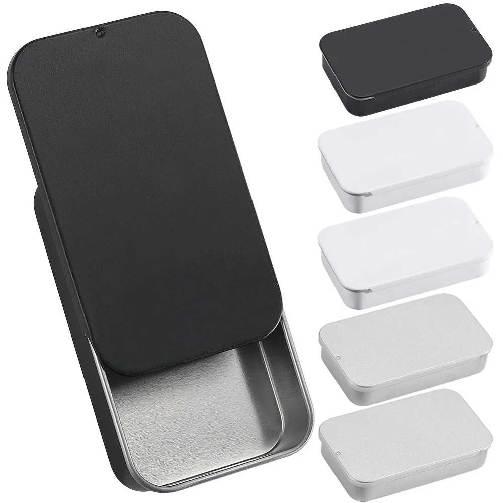 6Pcs 3 x 2 x 0.6 Inch Black Slide Tin Metal Tin Containers Mini Lid Iron Rectangle Slide Top Empty Hinged Trinket