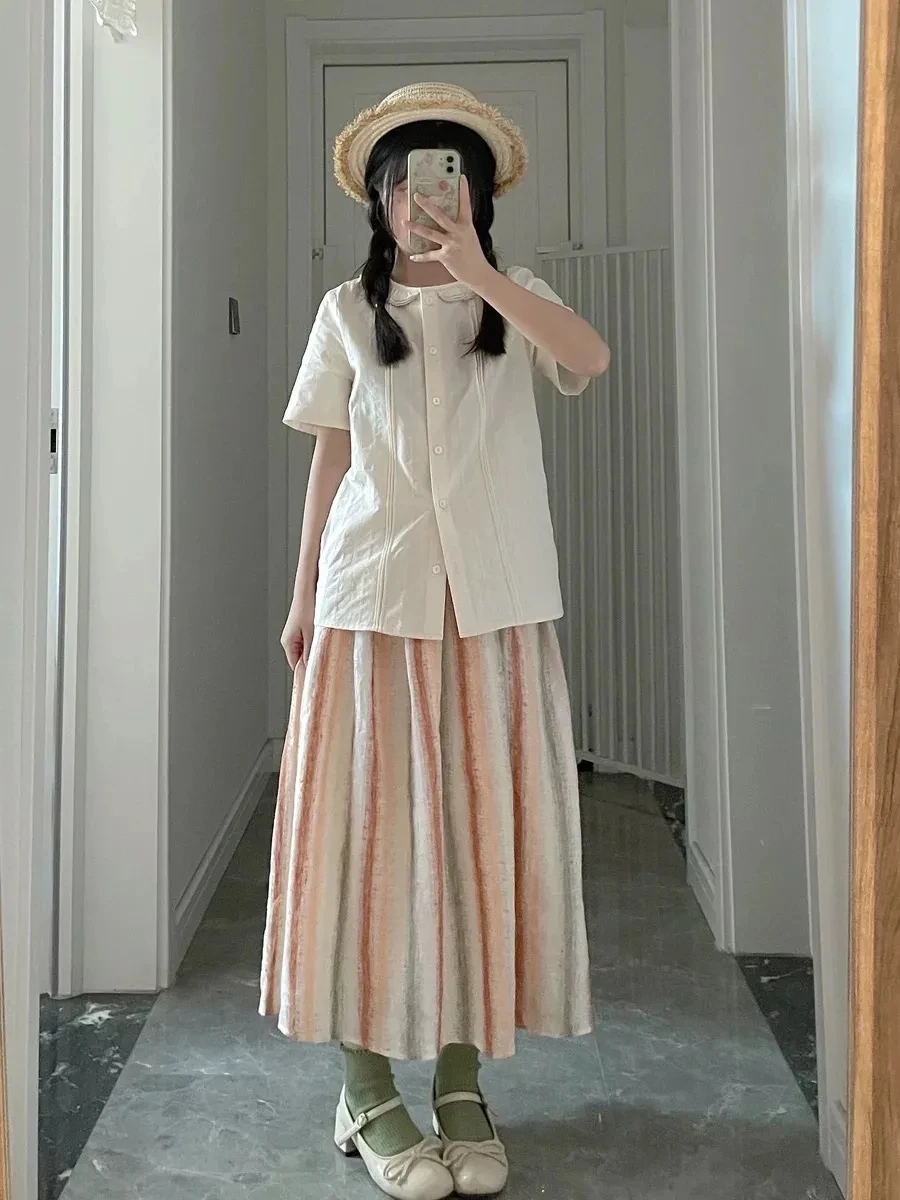 Vintage Striped Cute Rainbow Folds Do Old Style Pleated Midi Long Skirt with Elastic Waist/Unlined No Lining Skirts/korean y2k