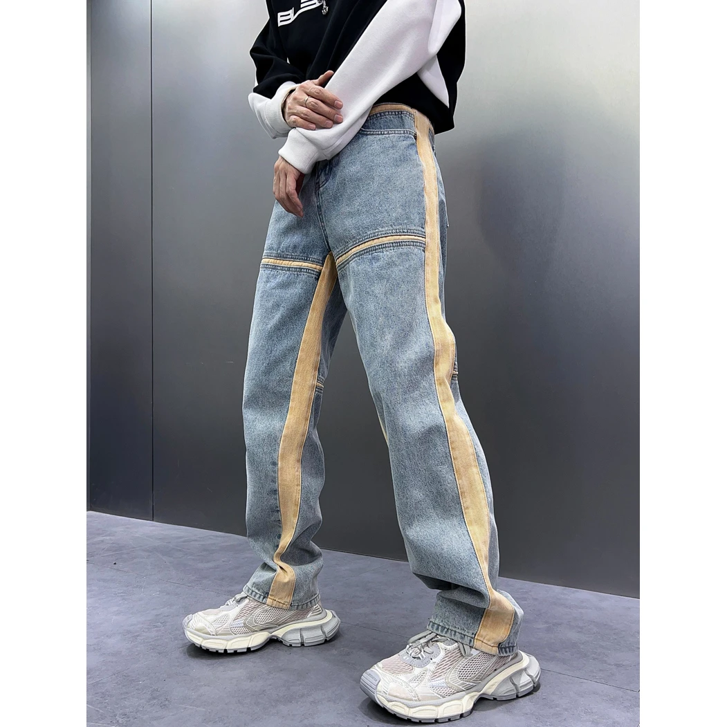 

Autumn Latest Design Light Blue Jeans For Men Side Stripe Patched Denim Trousers Male Streetwear