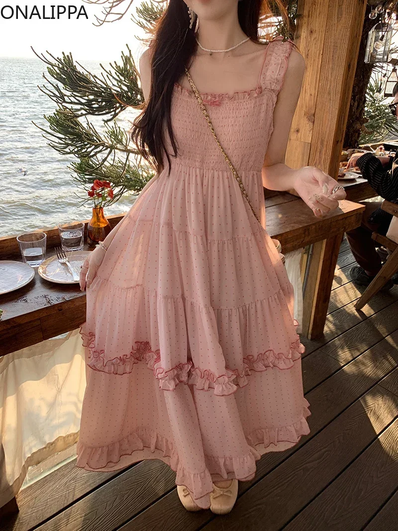 Onalippa Sweet Wood Ear Hem Dot Pink Dress elastico petto vita alta abiti Kawaii coreano A Line All Match Vestidos Women