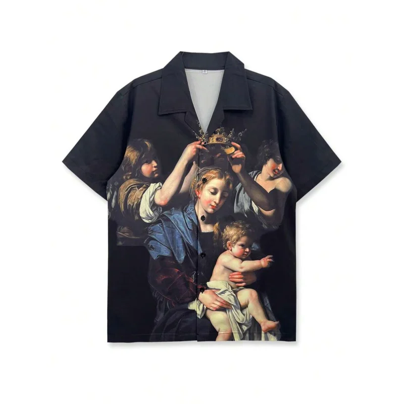 

1pc Men's Printed Casual Short Sleeve Shirt, Medieval Oil Painting Style Queen Coronation Pattern, Black