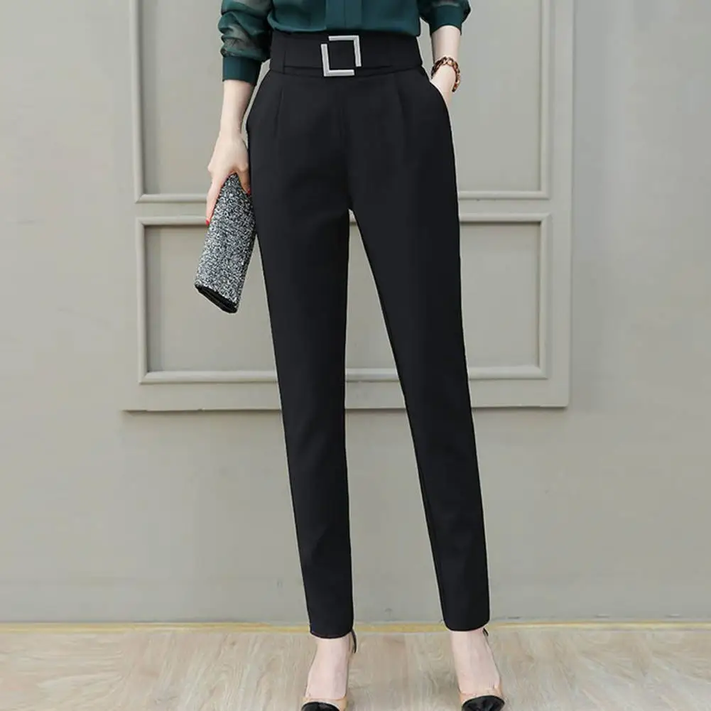 Women Pants Stylish High Waist Suit Pants With Metal Buckle Pockets For Women Slim Fit Harem Pants For Workwear Solid Color