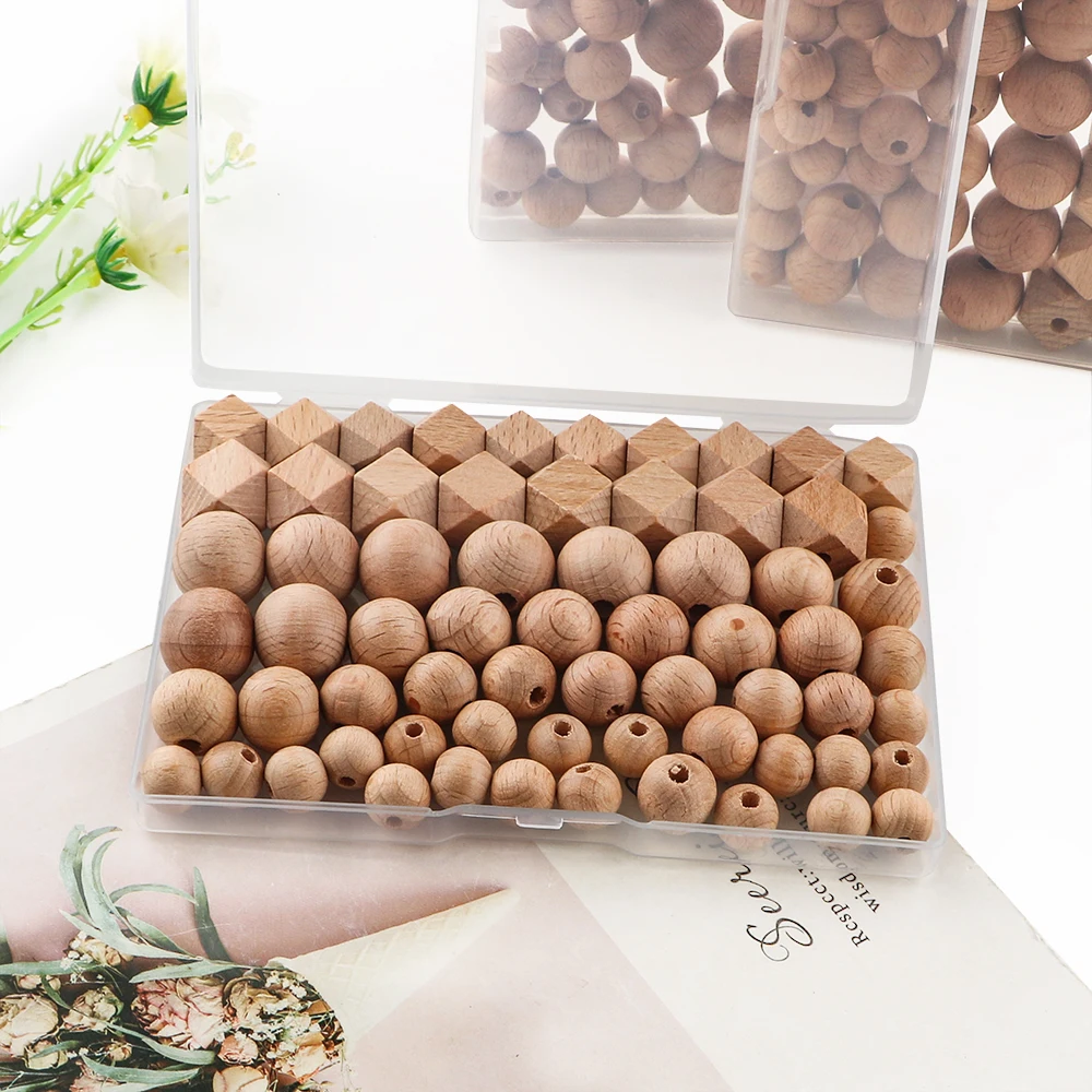 

66Pcs/Box Beech Wooden Beads Loose Round Hexagon Bead For Jewelry Making DIY Necklace Bracelet KeyChain Making Accessories