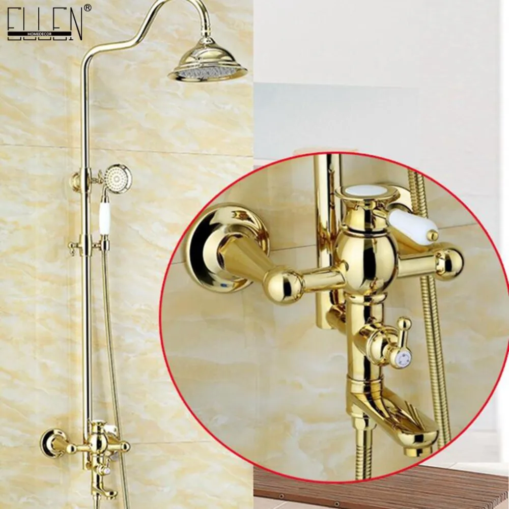 Vidric Bathroom Rain Shower Set Luxury Gold Brass Wall Mounted Bath Shower Rainfall Faucets with Hand Shower Kits Set ELS2008