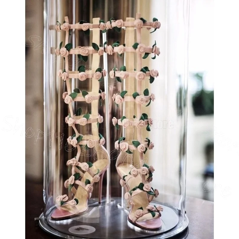 

Pink Appliques Foliage Hollow Design Sandals Boots Buckle Strap Women Shoes Thin High Heels Party Feast 2026 Zapatos Para Mujere