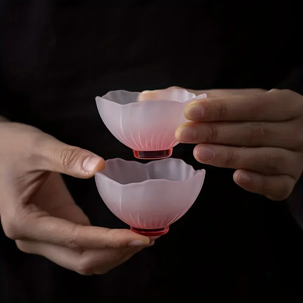 1pc 45ml Pink Cherry Blossom Glass Tea Cups Frosted Insulated Exquisite Kung Fu Teaware Drinkware Gifts Fragrance-Smelling Cup