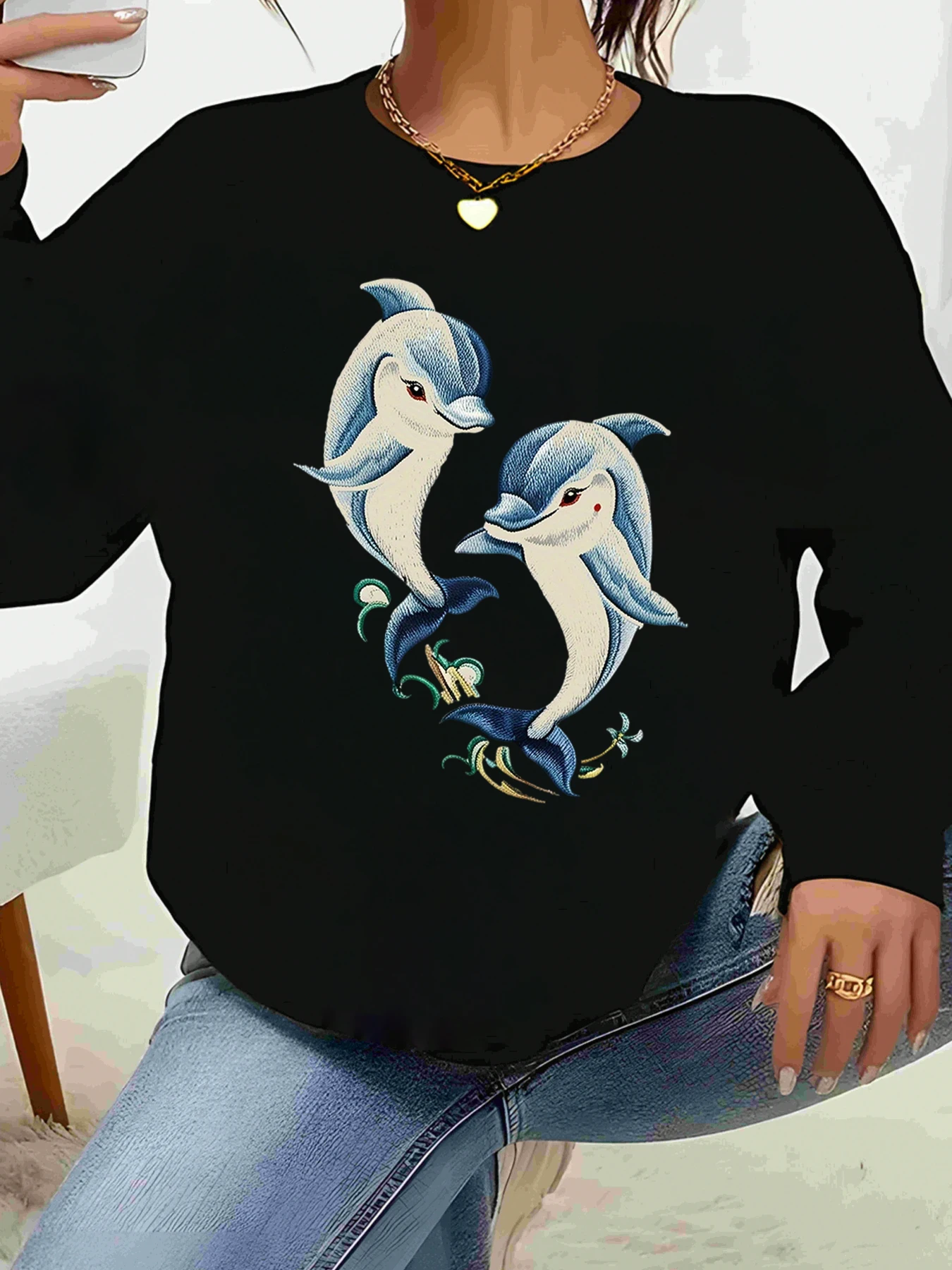 Dolphin Print Long Sleeve Sweater Halloween Women's Casual Wear