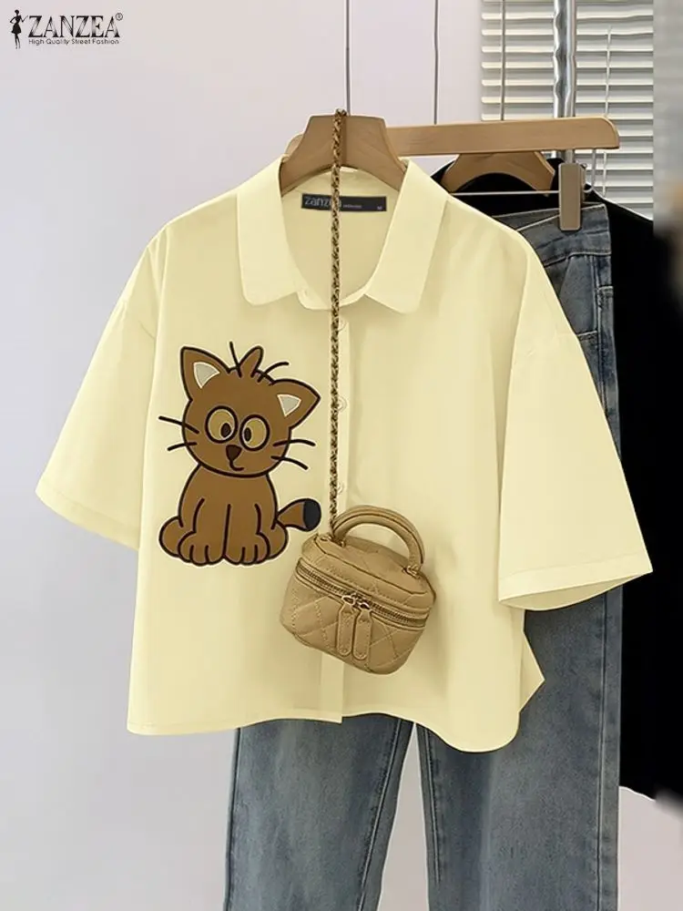

ZANZEA Summer Shirts Women Stylish Printed Tops Casual Lapel Neck Short Sleeve Blouse Elegant Buttons Down Blusas Female Tunic