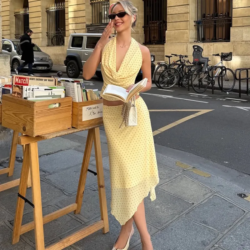 Women Summer Halter Top Mesh Skirt Two Piece Set Polka Dot Yellow French Elegant Backless Vest Midi Skirts Party Outfit