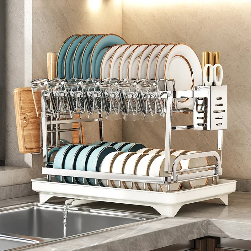 304 Stainless Steel Kitchen Storage Rack, Bowl and Plate Draining Stand, Multifunction Home Organizer for Dishes and Cookware