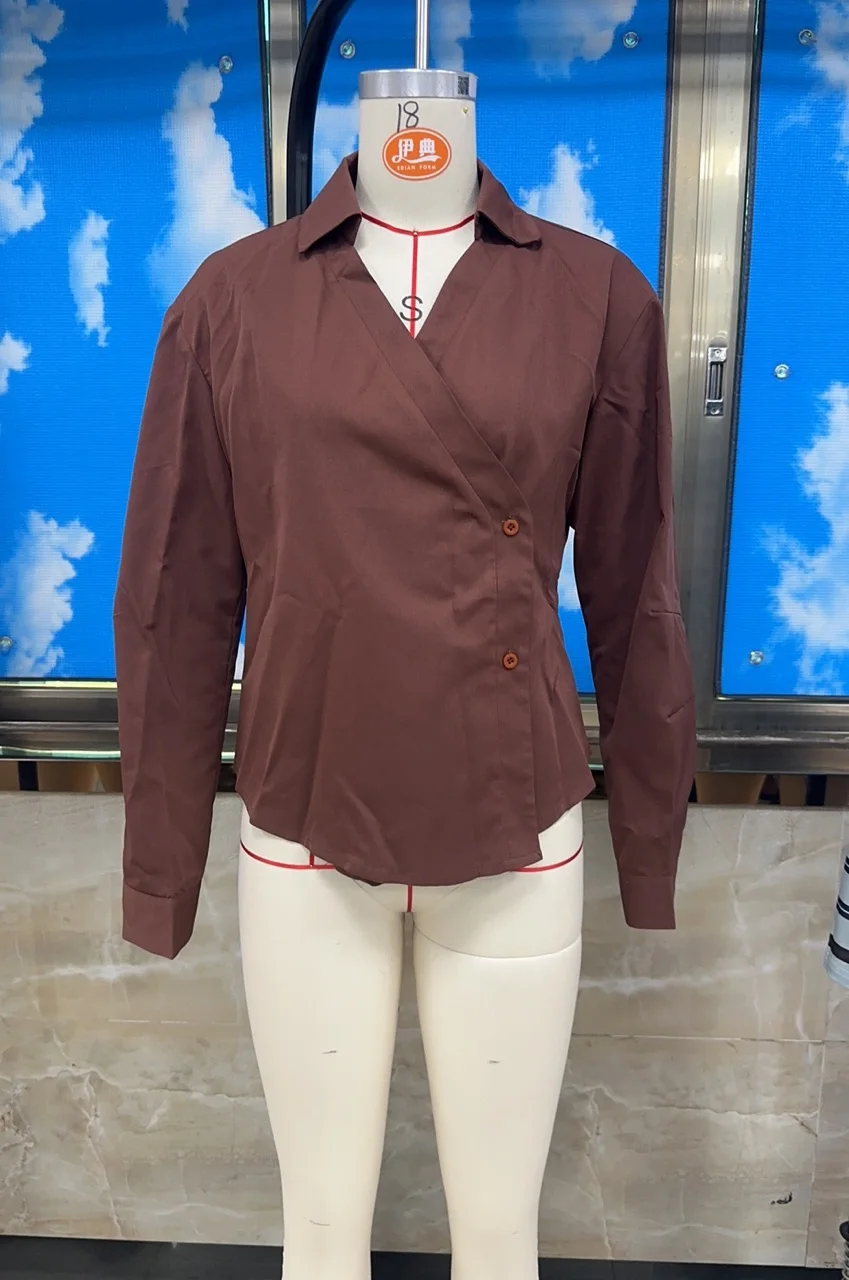 GuliriFei Damen-Hemden mit Knöpfen, modisch, langärmelig, Reverskragen, kariert, einfarbig, lässige Oberteile