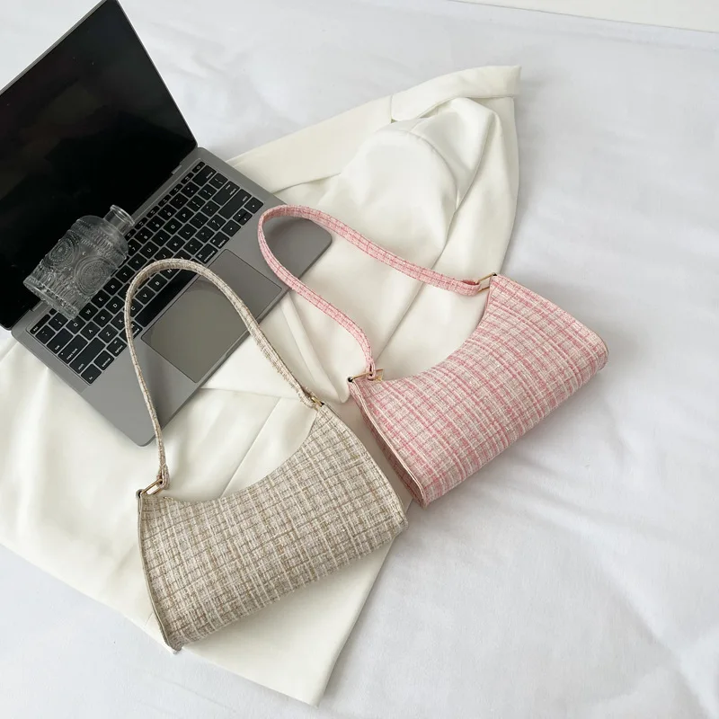 Women's Minimalist Grid Pattern Underarm Bag Fashion High-end Design Shoulder Bag Casual Commute Versatile Purse