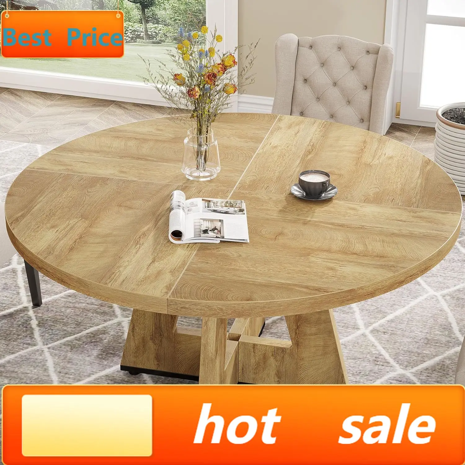

Farmhouse Dining Table, 47 Inch Round Dinner Table for 4, Rustic Round Dining Room Table for Home Dining Room Living Room (Natur