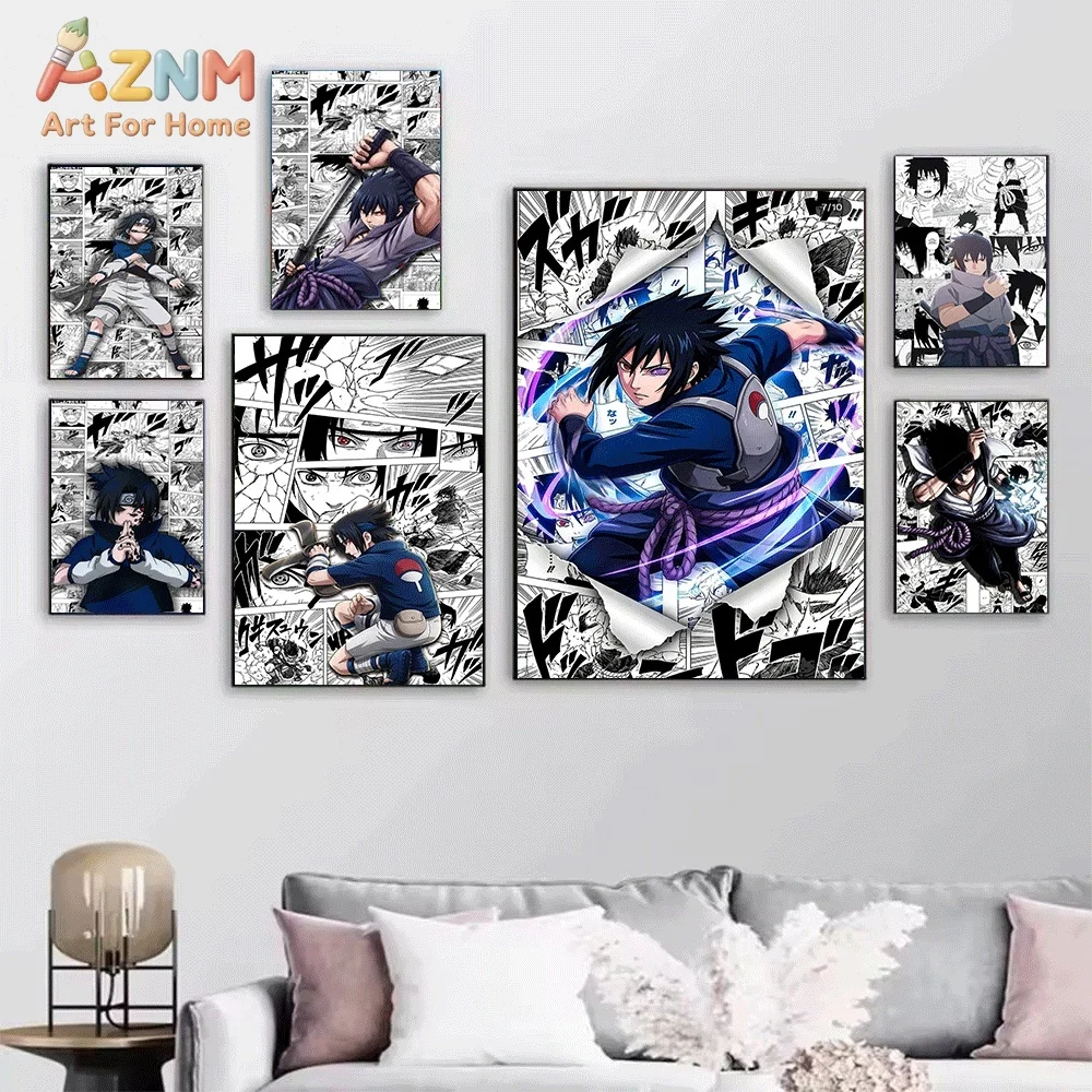 Sasuke Uchiha Manga Collage Anime Canvas Wall Art Print Poster Unframed Canvas Painting Home Bedroom Living Room Wall Decor Gi