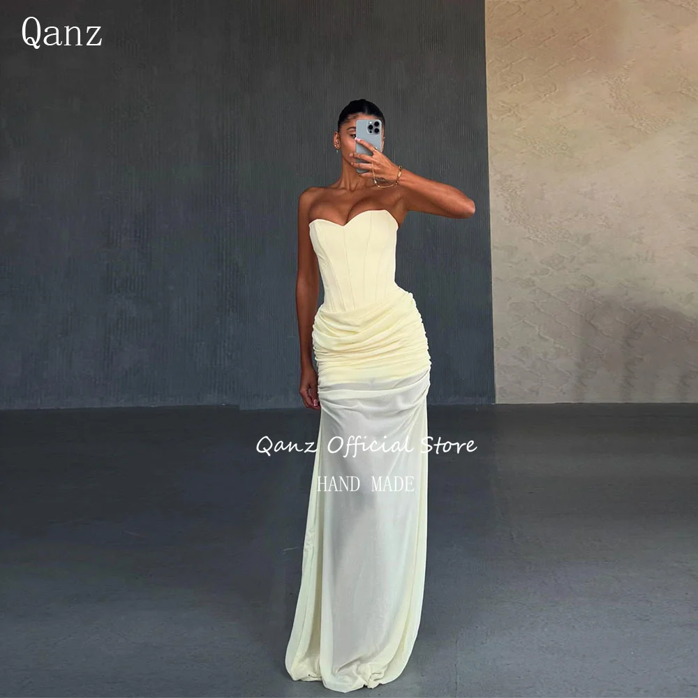 

Qanz Modern Prom Dresses Yellow Chiffon Mermaid Vestidos De Boda Para Fiestas Sweetheart Illusion Evening Dress Women Customized