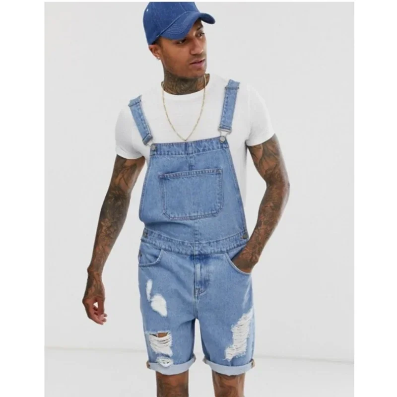 

Men Overalls Baggy Jeans Vintage Hole New Fahhion Ripped Short Denim Jumpsuits Male Casual Street Summer Cargo Pants Lugentolo