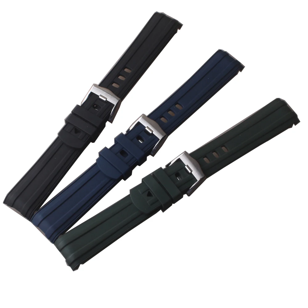Pulseira de relógio de borracha fluoro 20mm, pulseira esportiva de silicone para ômega rolex, extremidades curvas macias, acessórios de relógios, preto e azul