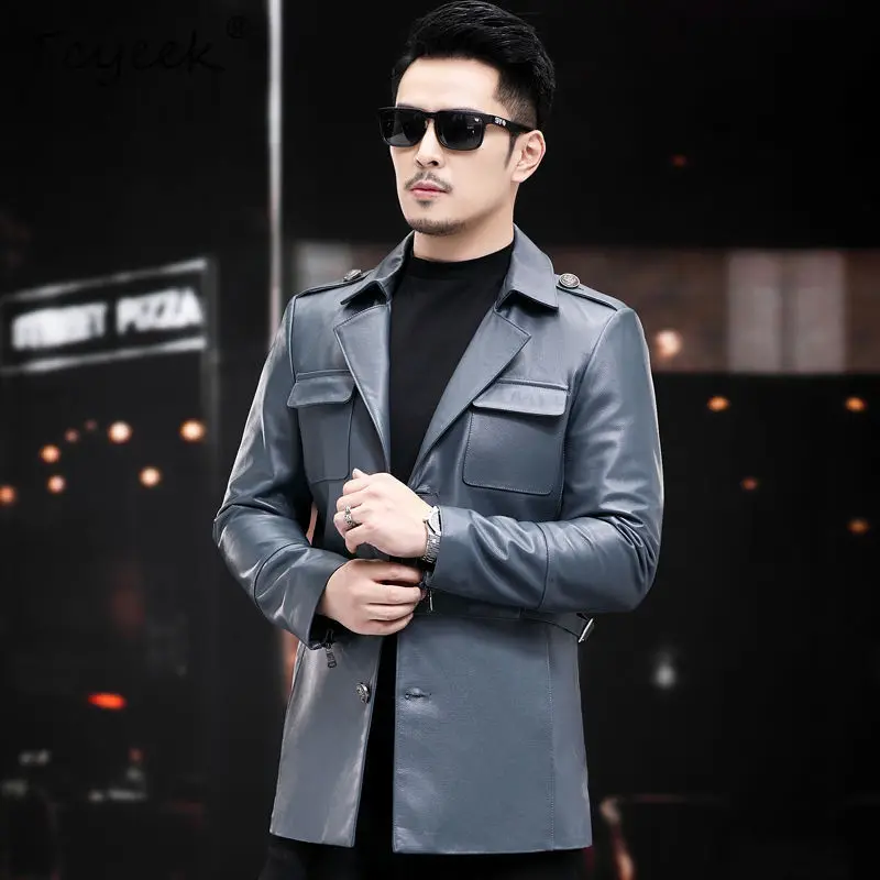 

Tcyeek Natural Cowhide Real Leather Jacket Men Business Casual Mens Coats Autumn Clothes Mid-length Trench Coat Suit Collar 2026