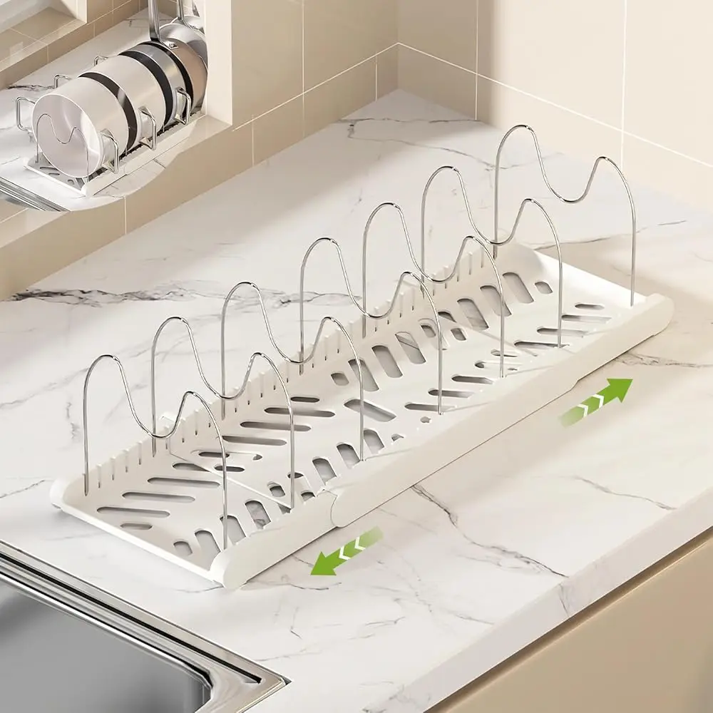 

Pots And Pans Organizer Under Cabinet - Expandable Pot Lid Holder With 7 Adjustable Dividers For Kitchen Cabinet, Baking Pan