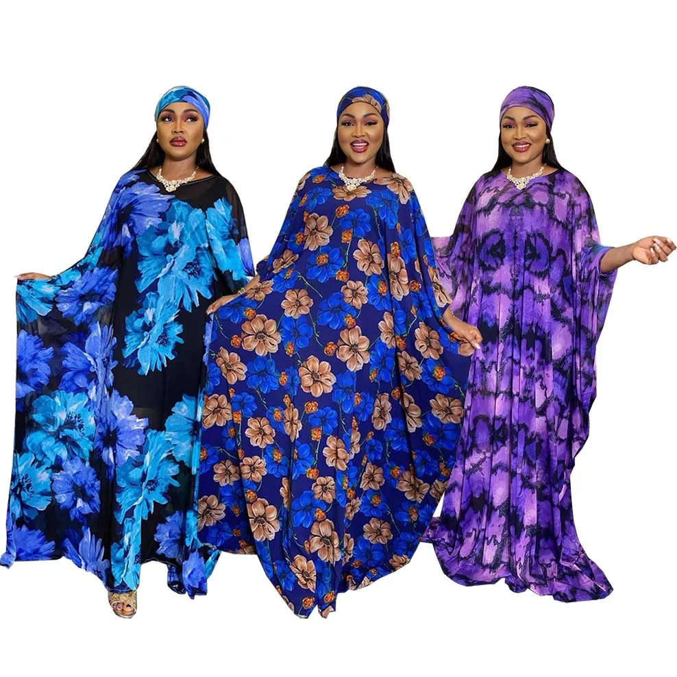 

New Fashion African Dashiki Chiffon Free Size Long Dress For Women Summer Print Flower Abaya With Inner And Headtie Scarf Gown