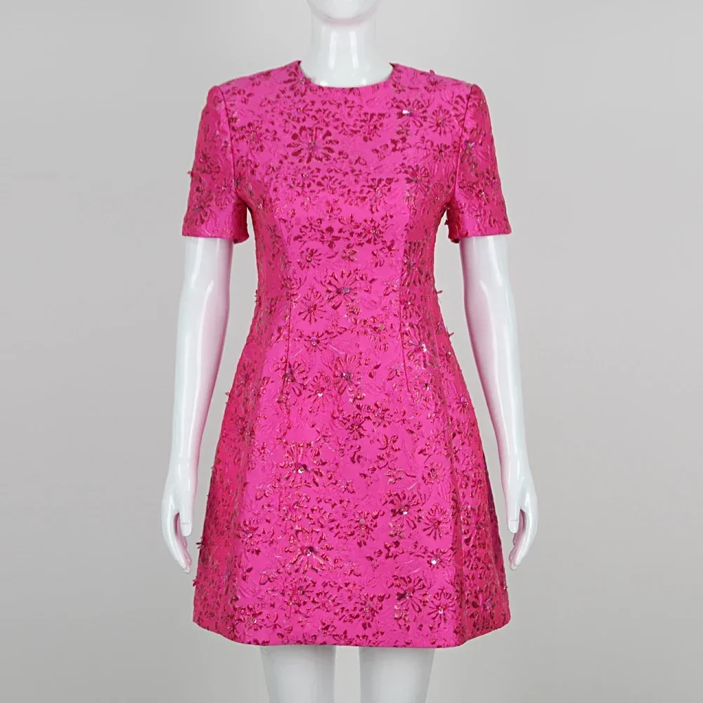 GPBD 2024 New Women's Rose Jacquard Fragmented Flower Sequin Short sleeved A-line Mini Dress Elegant Celebrity Party Dress