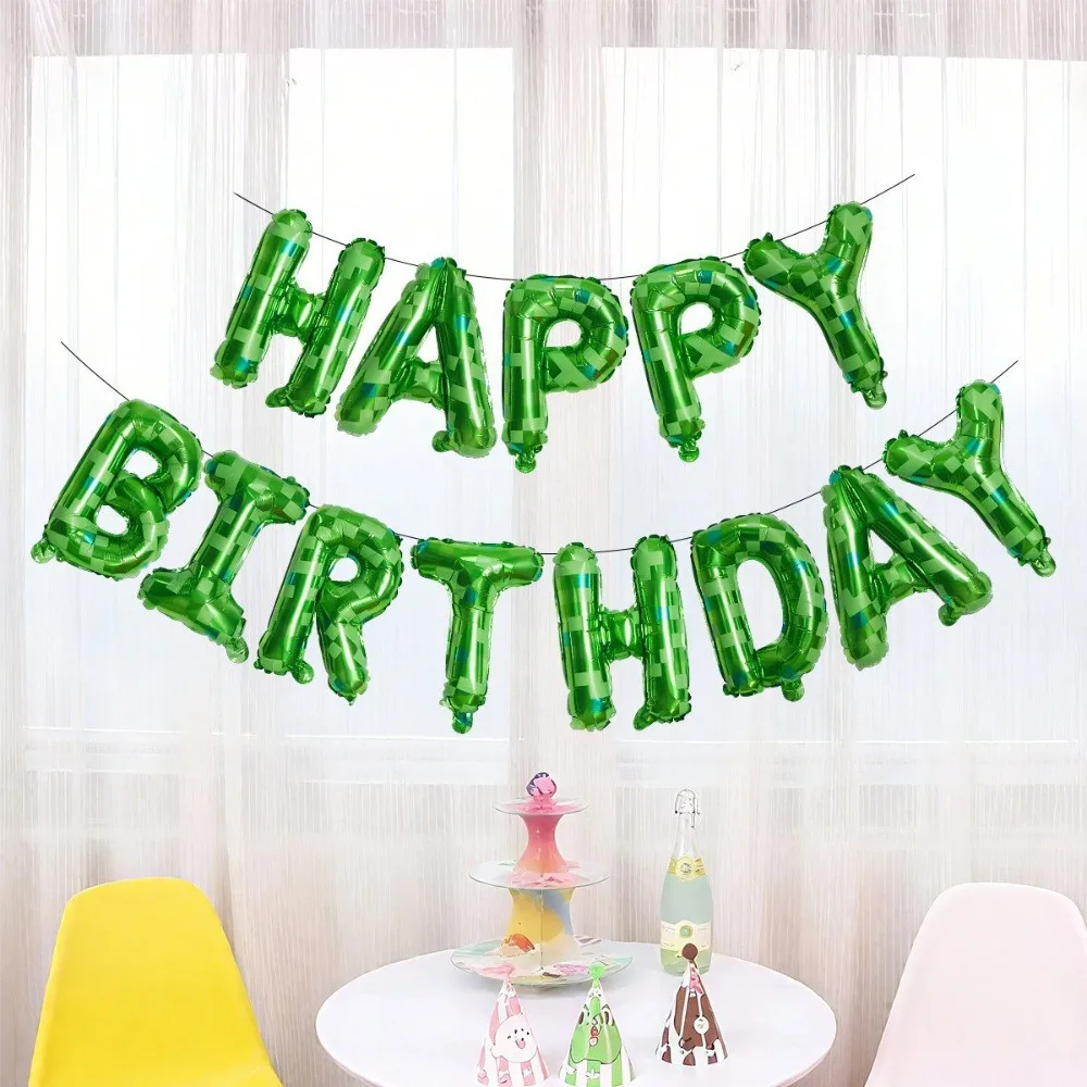16-Zoll-Set mit grünem Pixel-Thema „HAPPY BIRTHDAY“-Folienballon, Mosaik, Geburtstagsbrief-Themen-Set, Partyzubehör – Detail 3
