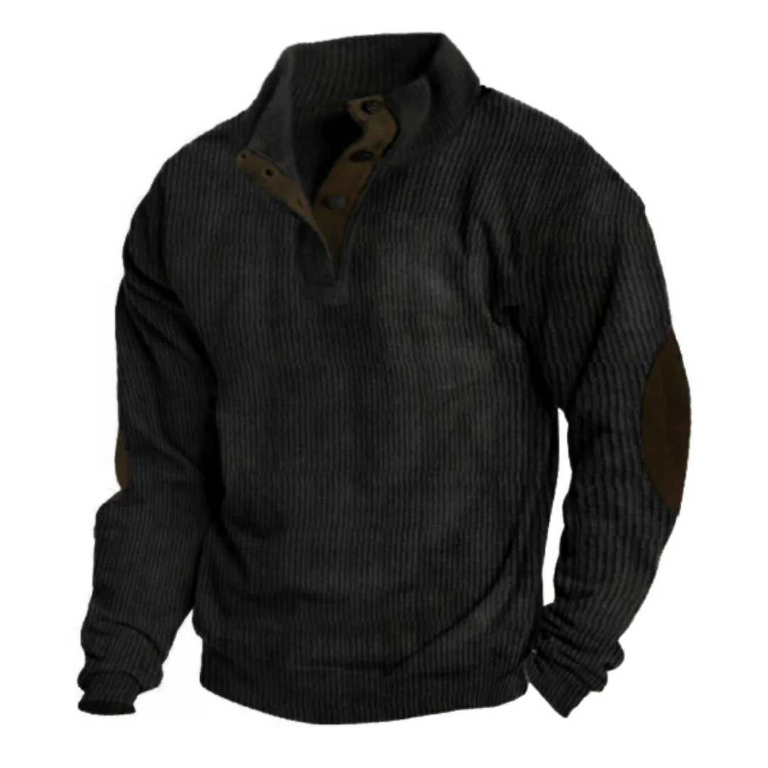 Mens Stand Collar Half Button Henley Sweater Long Sleeve Elbow Patch Contrast Placket Loose Fit Casual Outer Tops