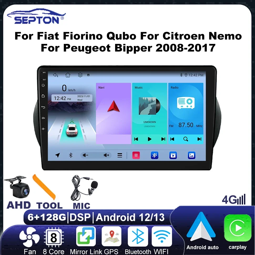 

SEPTON Car Stereo Radio Car Screen for Fiat Fiorino Qubo for Citroen Nemo for Peugeot Bipper 2008-2017 Carplay GPS Android Auto