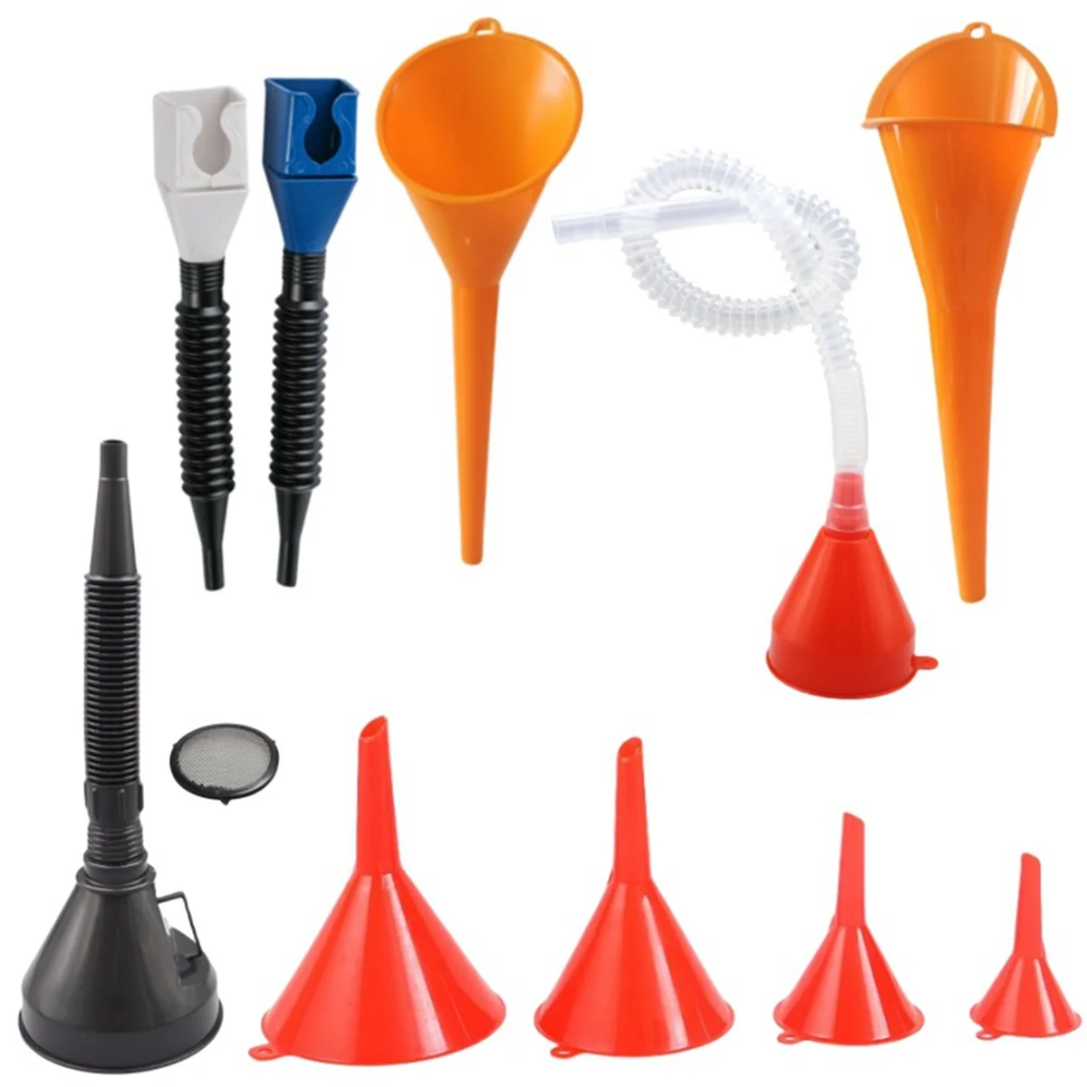 10 Pcs Automotive Funnels Set, Plastic Long Neck Oil Funnels, Snap Funnel,Right Angle FunnelsWide Mouth Fuel Funnels