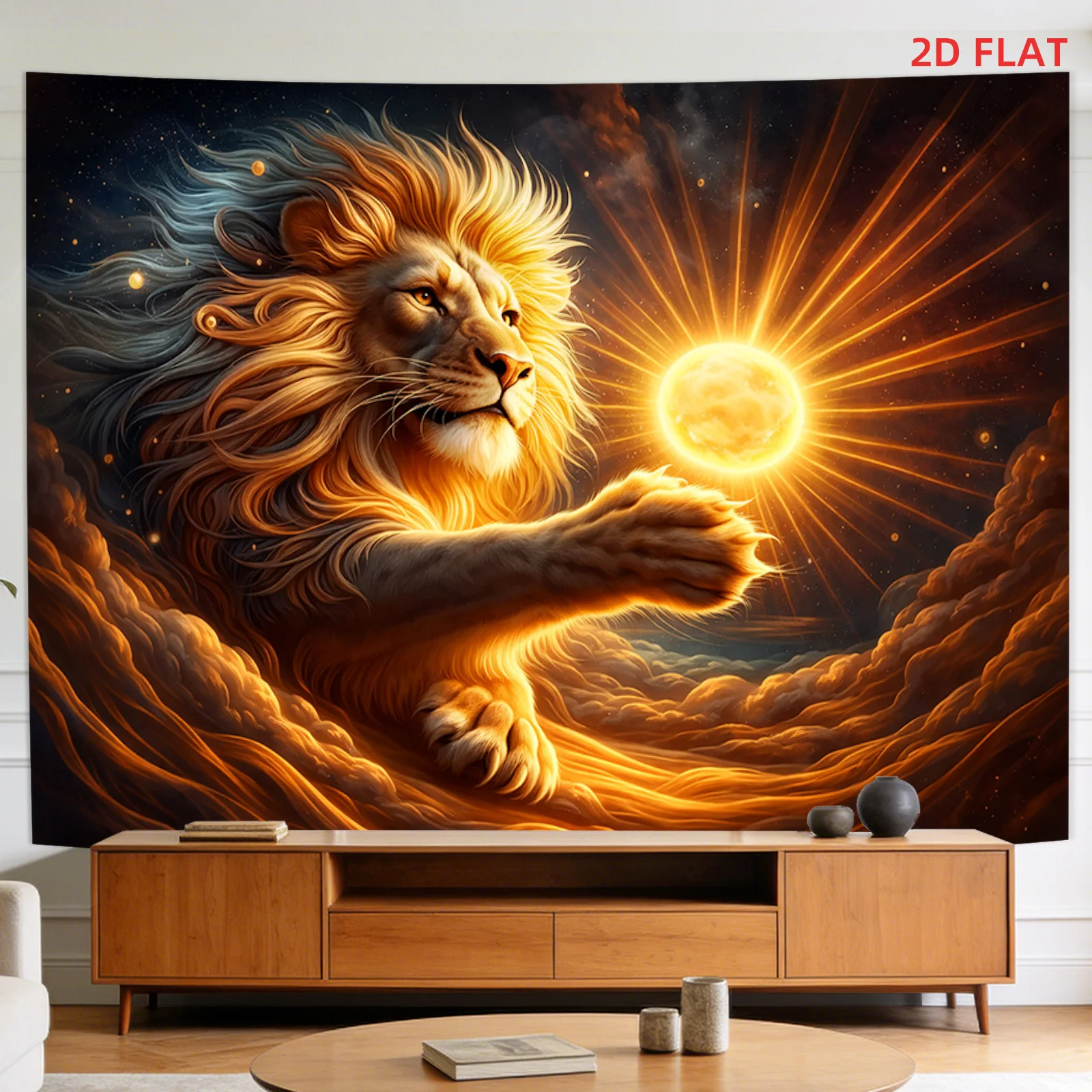 Majestic Lion Holding Sun Tapestry, Golden Mythical Beast Wall Hanging, Fantasy Art Decor for Bedroom Living Room Home