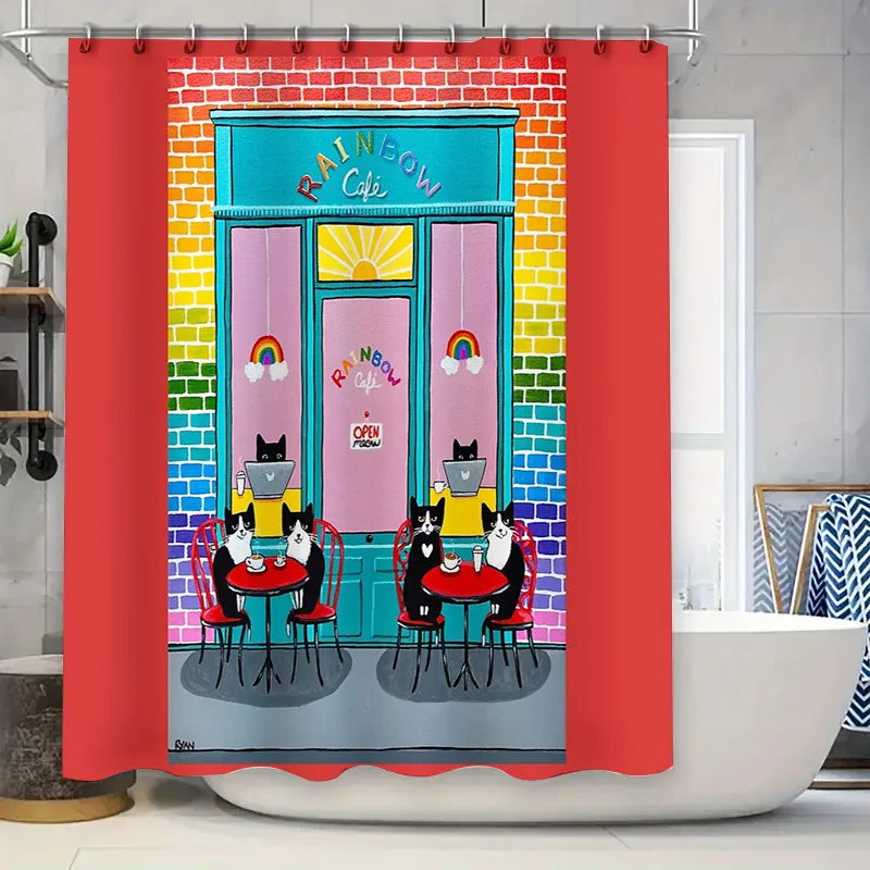 

Cute Cat Cafe Bathroom Decor Shower Curtain Pet Lover Gift Home Decor Artistic Watercolor Japanese Style Washable Curtains