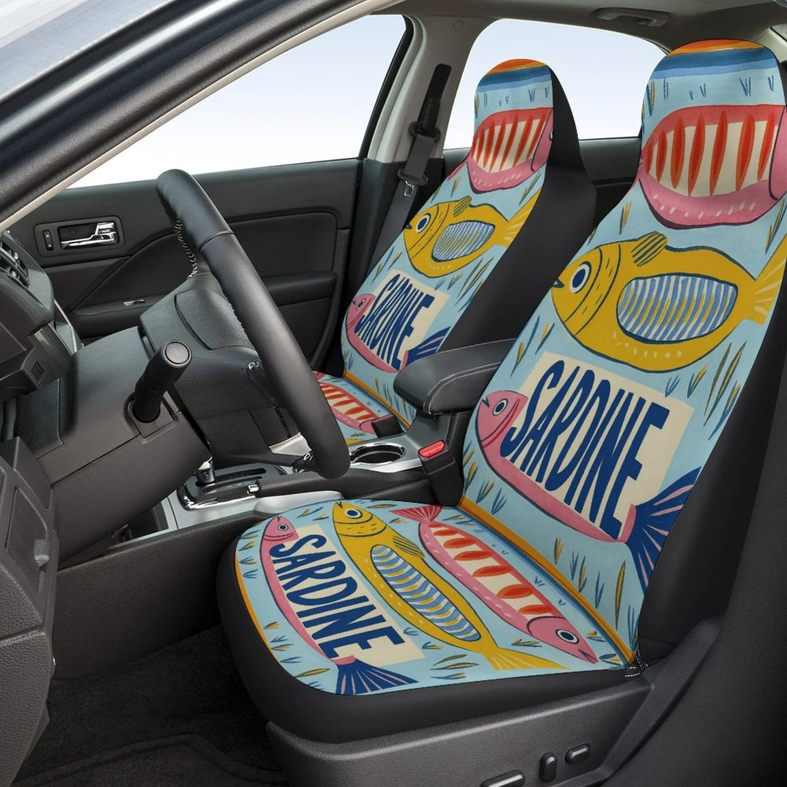 Set Of Car Seat Covers Featuring Sardine Fish Art, Designed For Various Vehicles. Stylish And Durable, This Complete Set Include