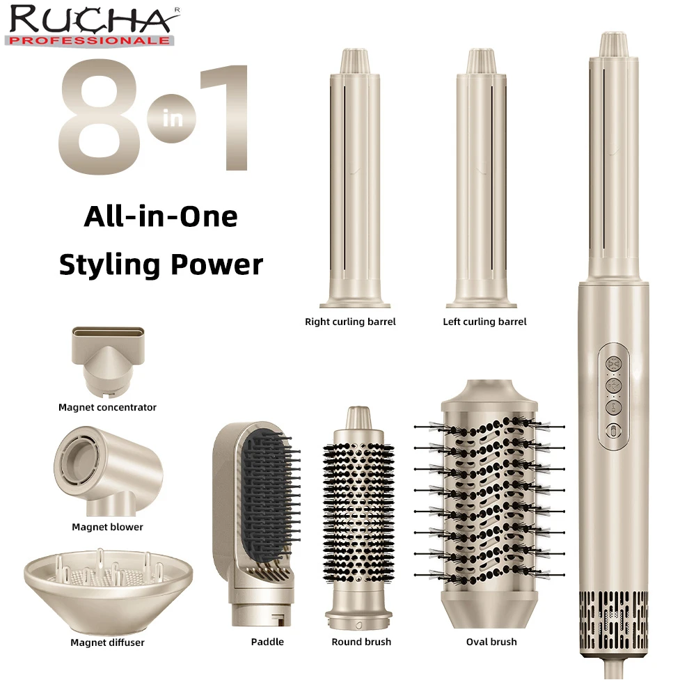 RUCHA 110,000rpm Brushless Hair Dryer with Diffuser,8in1 Multi Hair Styler Brush High-Speed Extreme wind force Hot Air Styler
