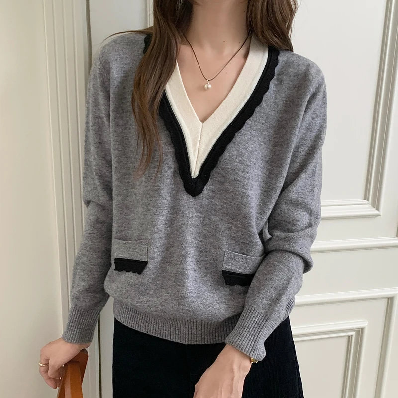 

Woolen Sweater Women's 100 Pure Wool V-Neck Knitted Sweater Loose Sweater Autumn Winter New Style Pullover Cashmere Base Sweater