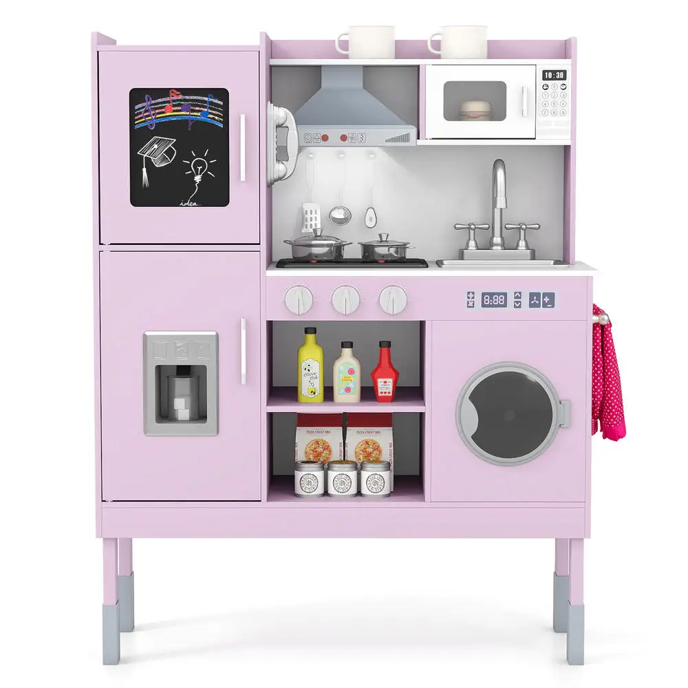 Pretend Play Kitchen Toy Kitchen Playset With Range Hood Ice Maker And Telephone-Pink