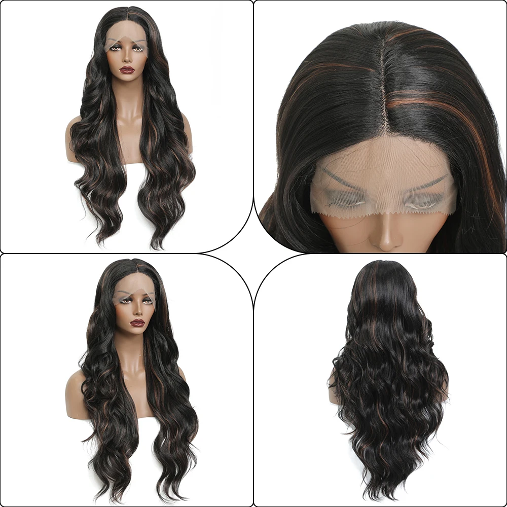 X-TRESS 28Inch Body Wave Middle Part Synthetic Lace Front Wig Heat Resistant Fiber Highlight Wavy Wig for Black Women Daily Use