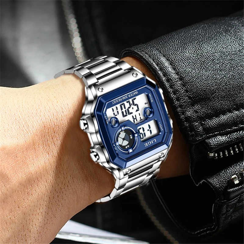 LIGE Square Fashion Luxury Orologio elettronico da uomo Orologio sportivo casual luminoso in acciaio inossidabile per uomo Sveglia settimanale impermeabile con data