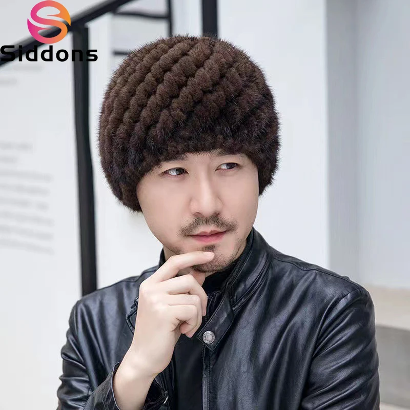 

Winter Men Mink Fur Hats Natural Real Fur Knitted Cap Fashionable Fluffy Grandfather Genuine Fur Beanie Female Black Fur Caps